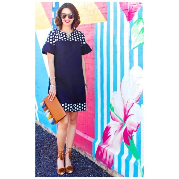 J. Crew Navy White Polka Dot Fringe Bell Sleeve Tunic Shift Dress Women's Size 2 - Picture 1 of 10